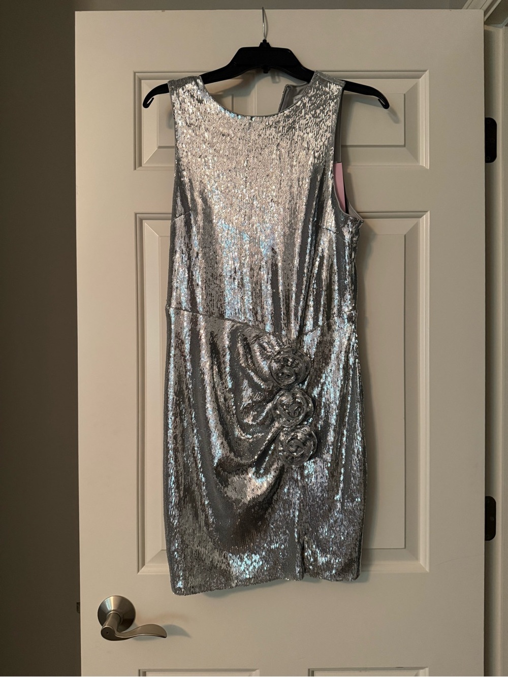 Avec Les Filles Silver Sequin Rosette Mini Dress